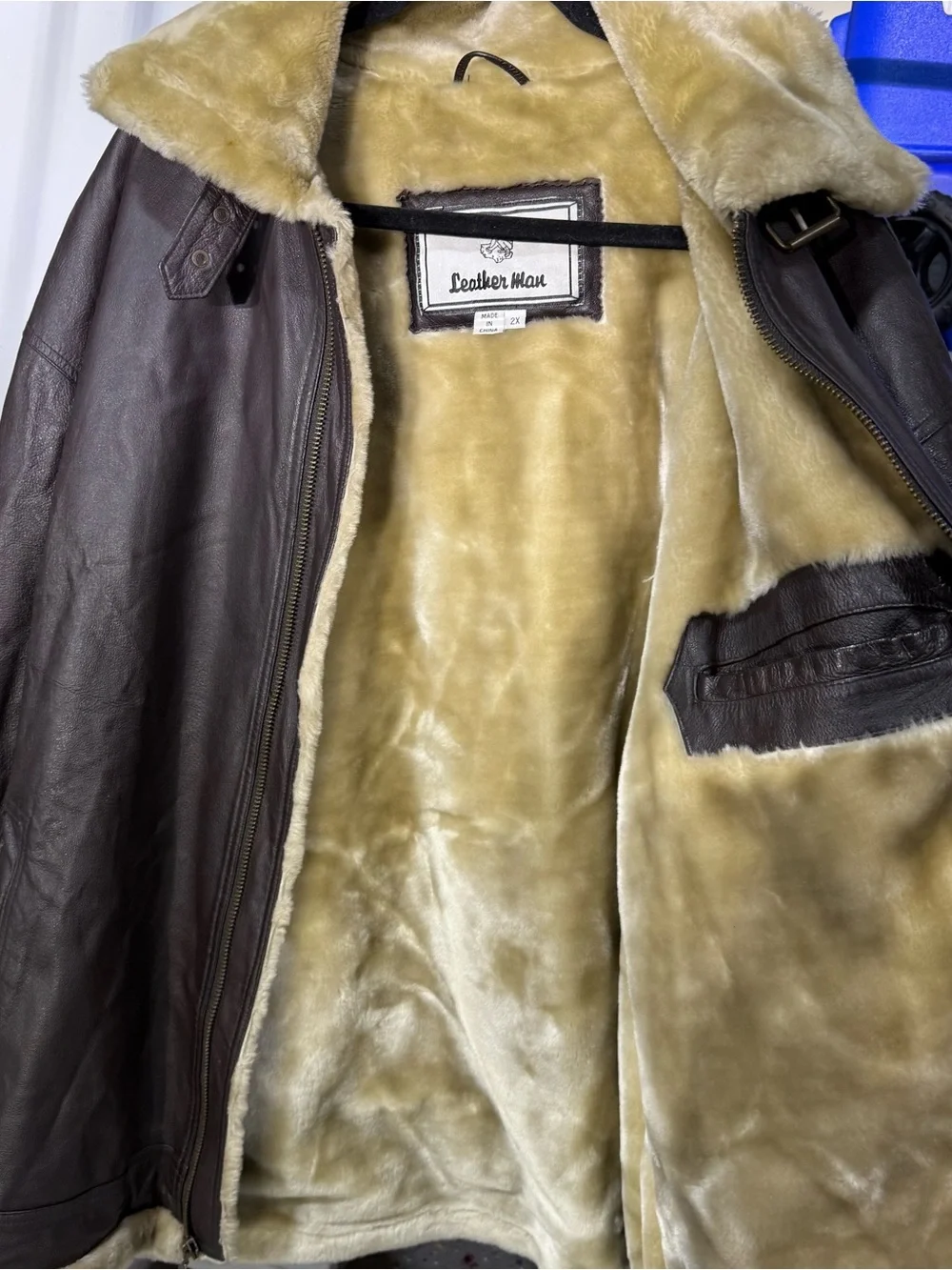 vintage mens aviator leather fur lined brown jacket size 2x